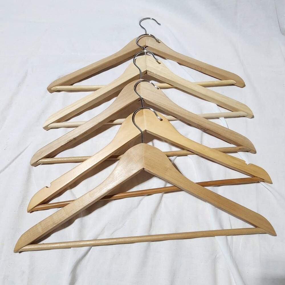 Set of 5 Wooden Hangers - Natural Finish, Heavy Duty (Bundle)